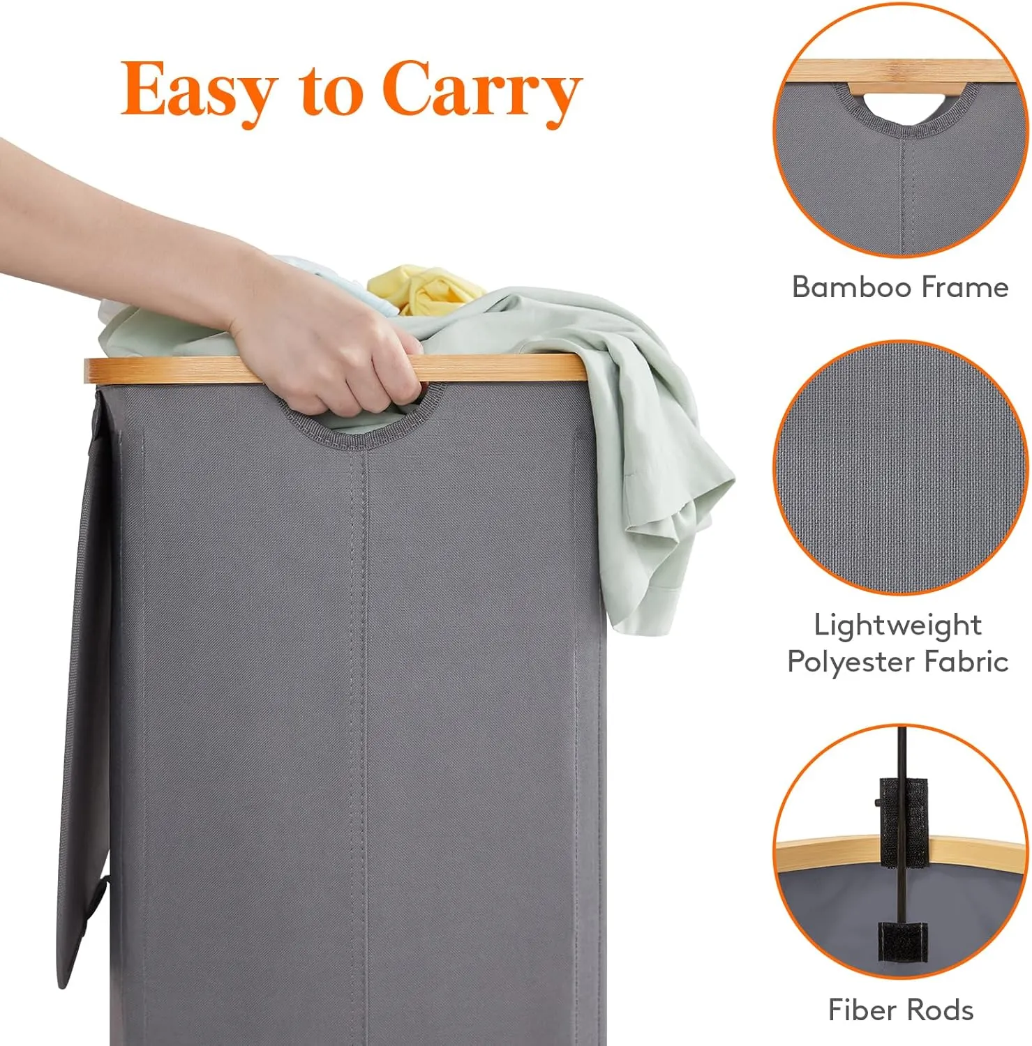 Lifewit Foldable Laundry Basket with Lid, Bamboo Handles and 2 Removable Bags, Large for Bedroom, Bathroom, Dorm, Grey