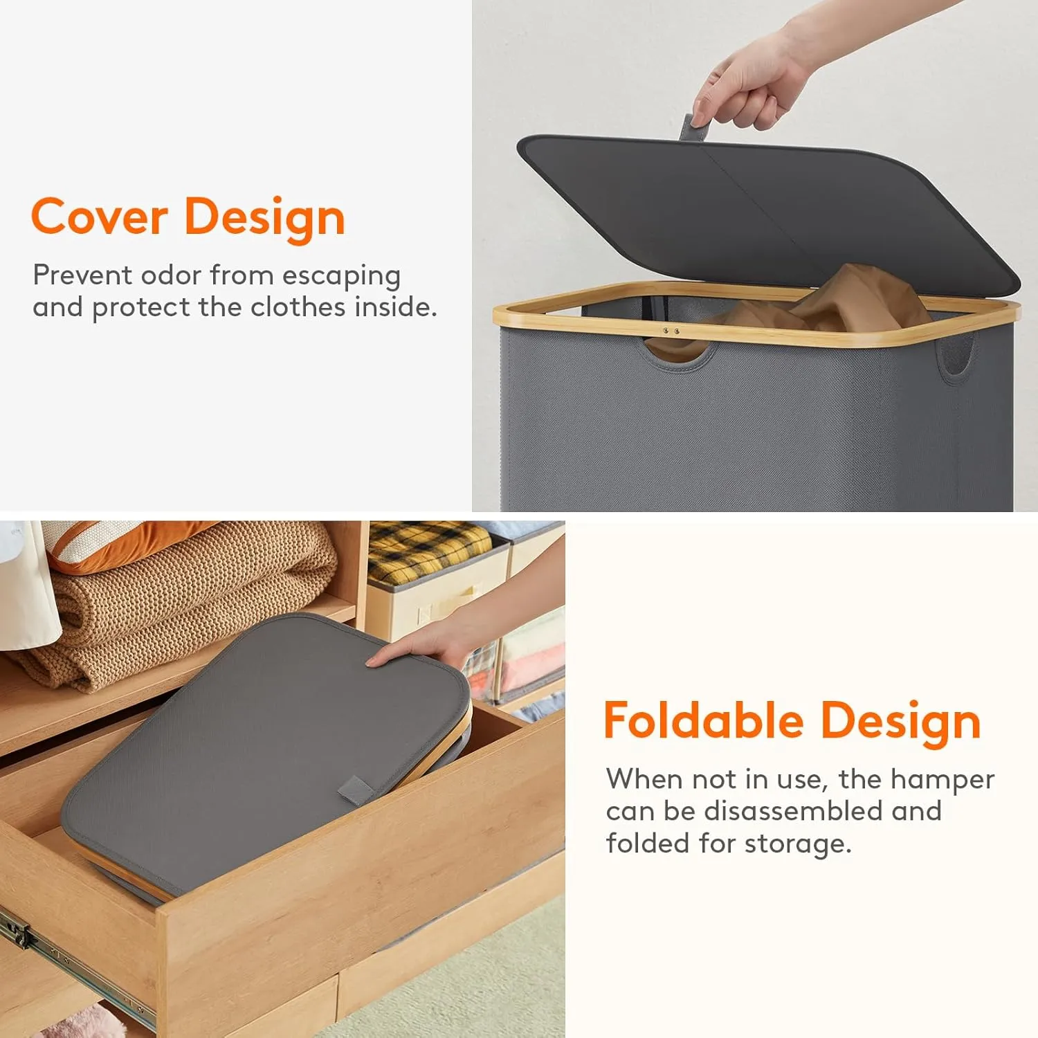 Lifewit Foldable Laundry Basket with Lid, Bamboo Handles and 2 Removable Bags, Large for Bedroom, Bathroom, Dorm, Grey