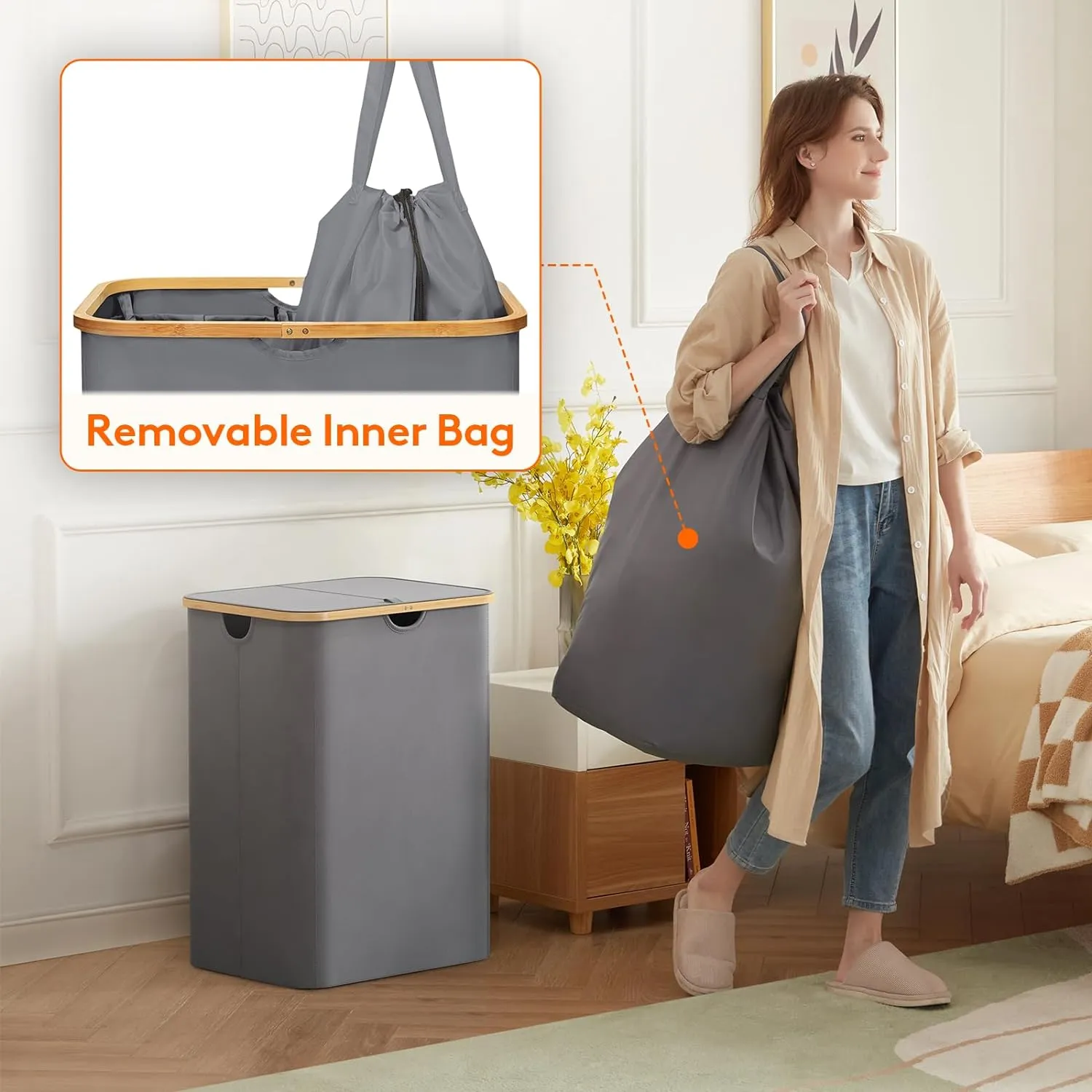 Lifewit Foldable Laundry Basket with Lid, Bamboo Handles and 2 Removable Bags, Large for Bedroom, Bathroom, Dorm, Grey
