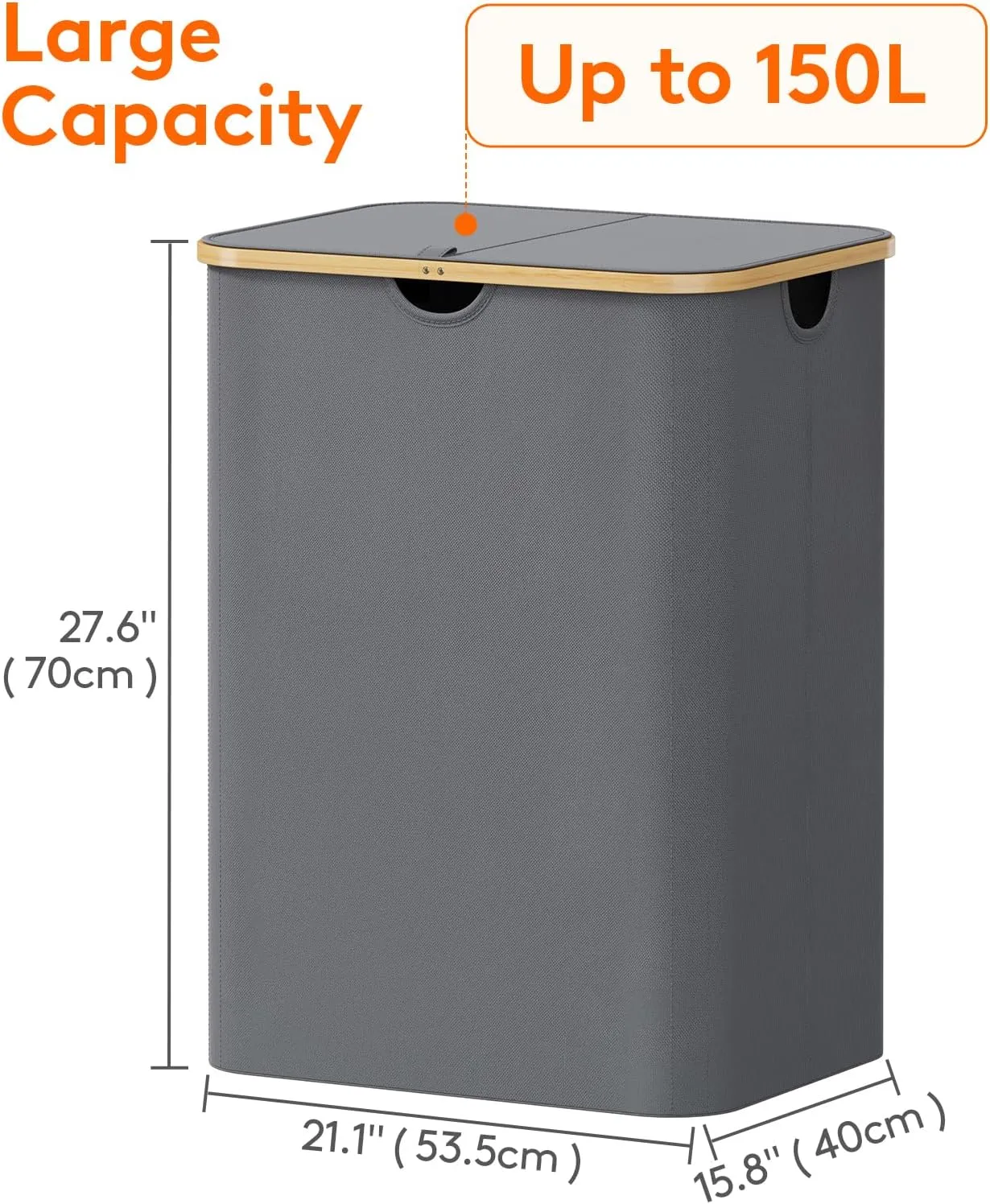 Lifewit Foldable Laundry Basket with Lid, Bamboo Handles and 2 Removable Bags, Large for Bedroom, Bathroom, Dorm, Grey