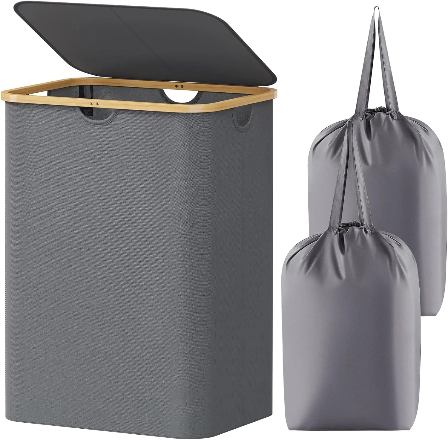Lifewit Foldable Laundry Basket with Lid, Bamboo Handles and 2 Removable Bags, Large for Bedroom, Bathroom, Dorm, Grey