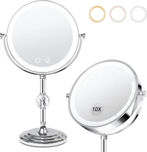 Lighted Makeup Mirror, Brightness Adjustable, 4000 mAh Rechargeable Double Sided Magnifying Mirror 1x/10x with 3 Colors, 360° Rotation Vanity Mirror, Memory Function, Women Gift
