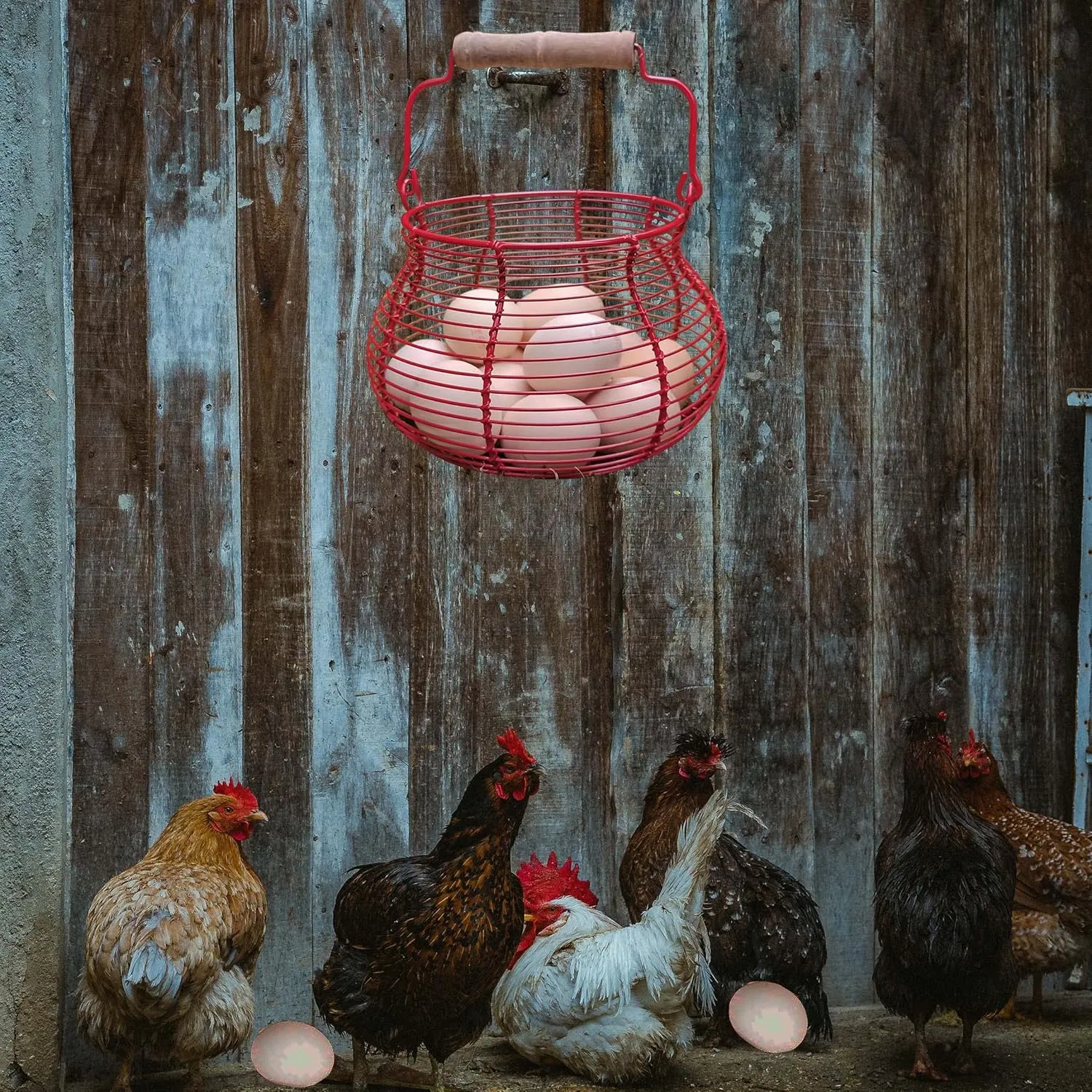 LINCOUNTRY. Farmhouse Wire Egg Basket for Gathering Fresh Eggs with Handle,Red Rustic Round Egg Collecting Baskets for Fresh Egg Container Refrigerator Countertop Holder Kitchen Storage Bin