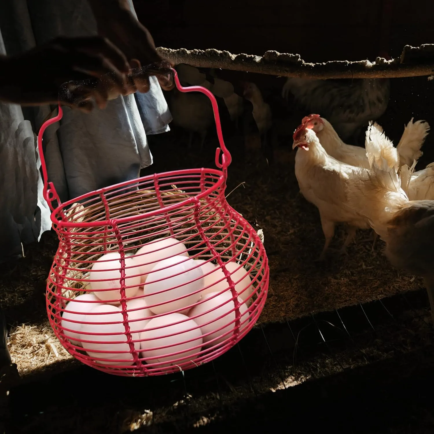 LINCOUNTRY. Farmhouse Wire Egg Basket for Gathering Fresh Eggs with Handle,Red Rustic Round Egg Collecting Baskets for Fresh Egg Container Refrigerator Countertop Holder Kitchen Storage Bin