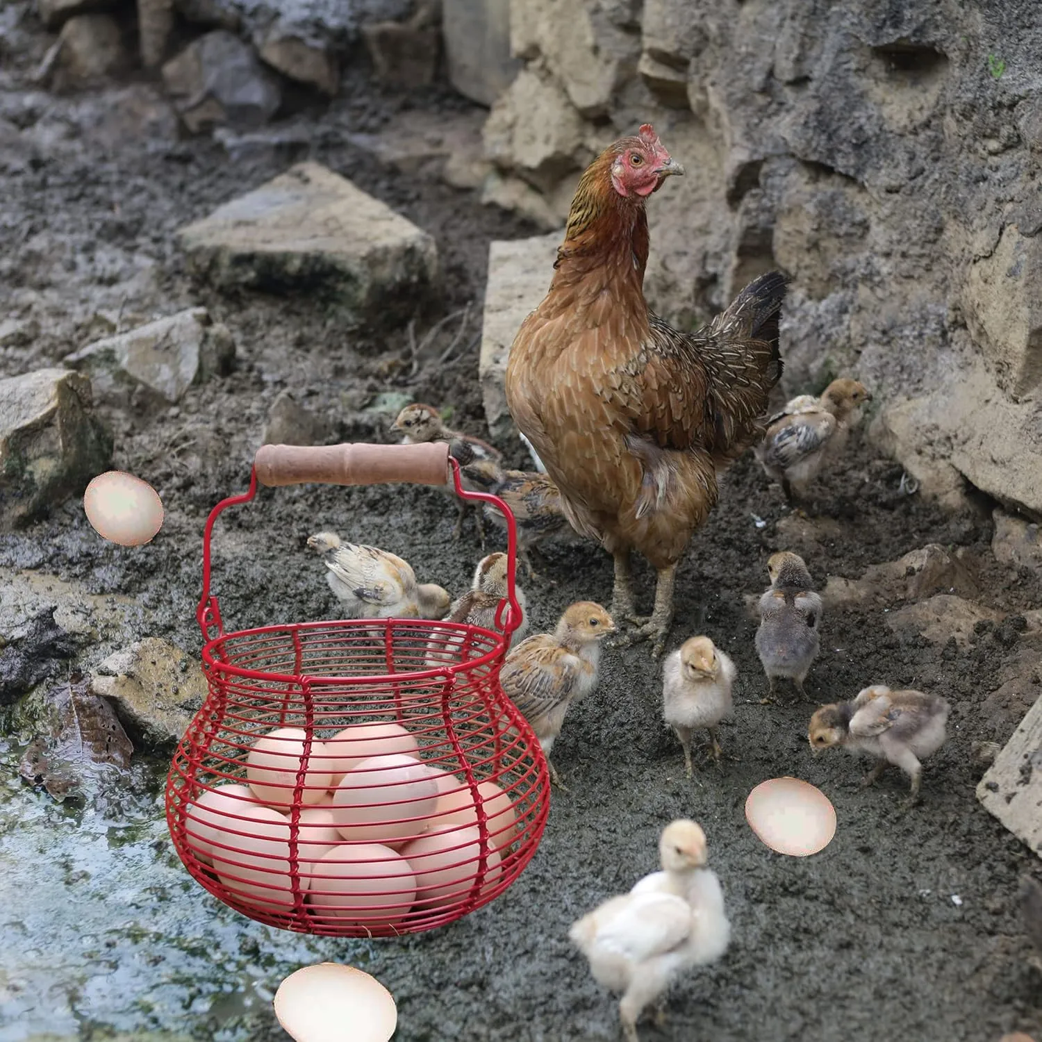 LINCOUNTRY. Farmhouse Wire Egg Basket for Gathering Fresh Eggs with Handle,Red Rustic Round Egg Collecting Baskets for Fresh Egg Container Refrigerator Countertop Holder Kitchen Storage Bin