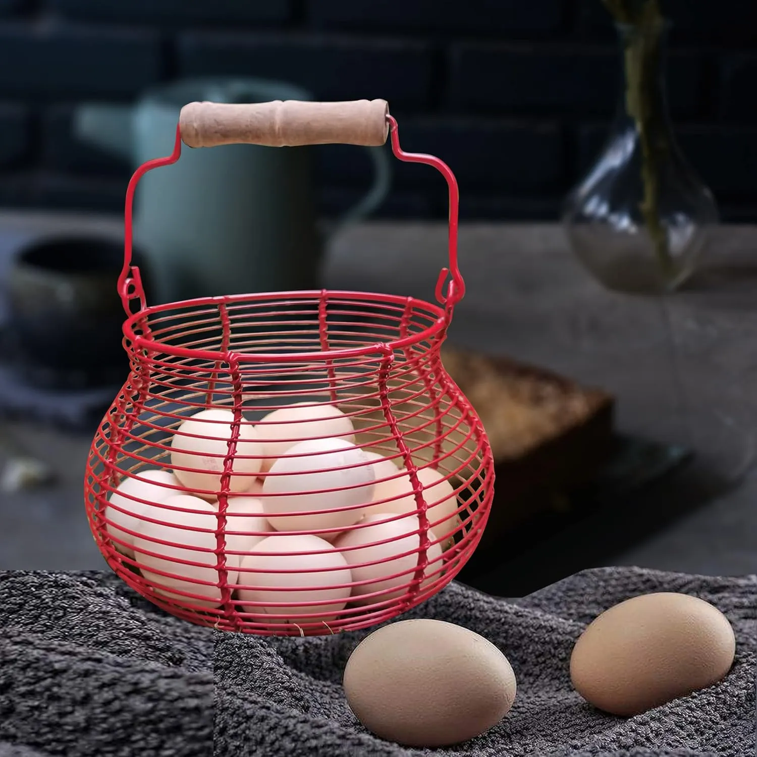 LINCOUNTRY. Farmhouse Wire Egg Basket for Gathering Fresh Eggs with Handle,Red Rustic Round Egg Collecting Baskets for Fresh Egg Container Refrigerator Countertop Holder Kitchen Storage Bin