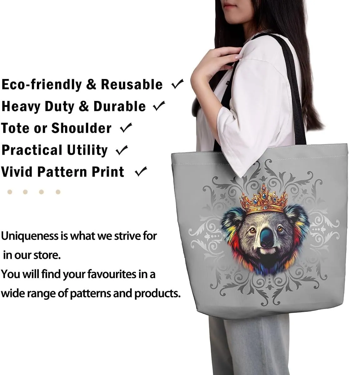 Lion Tote Bag,Black Damask Flowers Canvas Tote Bag