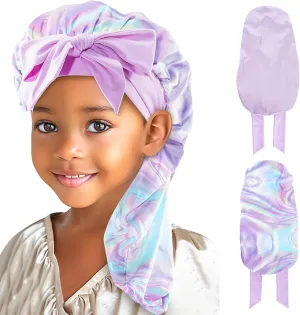 Lolalet Kids Bonnets for Girls, Long Silk Bonnet for Sleeping Kids Satin Bonnet Cap with Tie Band for Dreadlocks Braid Afro Curly Hair -2 PCS, Laser & Purple