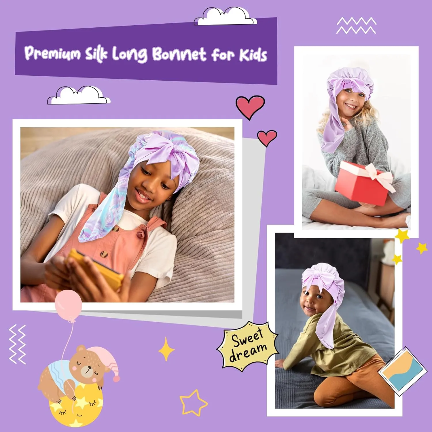 Lolalet Kids Bonnets for Girls, Long Silk Bonnet for Sleeping Kids Satin Bonnet Cap with Tie Band for Dreadlocks Braid Afro Curly Hair -2 PCS, Laser & Purple