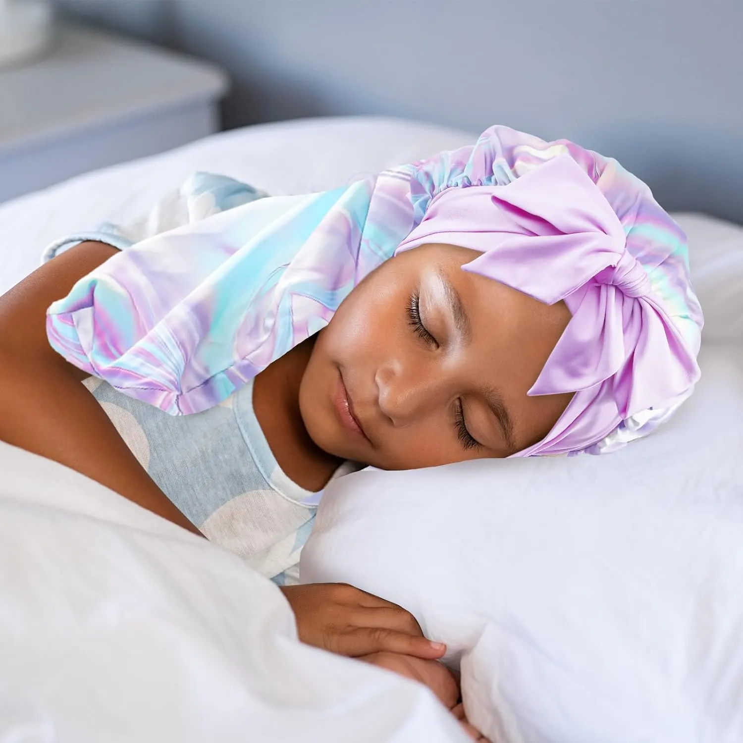 Lolalet Kids Bonnets for Girls, Long Silk Bonnet for Sleeping Kids Satin Bonnet Cap with Tie Band for Dreadlocks Braid Afro Curly Hair -2 PCS, Laser & Purple