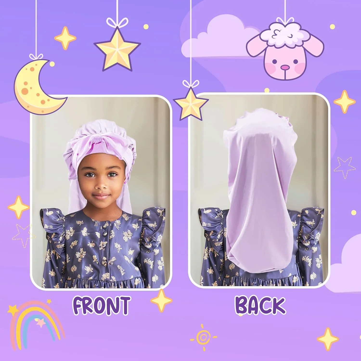 Lolalet Kids Bonnets for Girls, Long Silk Bonnet for Sleeping Kids Satin Bonnet Cap with Tie Band for Dreadlocks Braid Afro Curly Hair -2 PCS, Laser & Purple