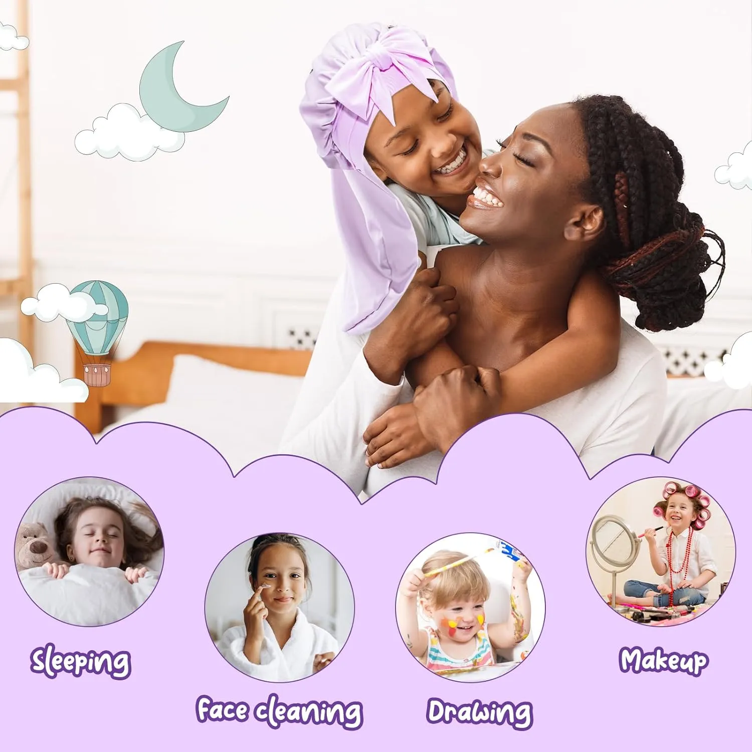 Lolalet Kids Bonnets for Girls, Long Silk Bonnet for Sleeping Kids Satin Bonnet Cap with Tie Band for Dreadlocks Braid Afro Curly Hair -2 PCS, Laser & Purple