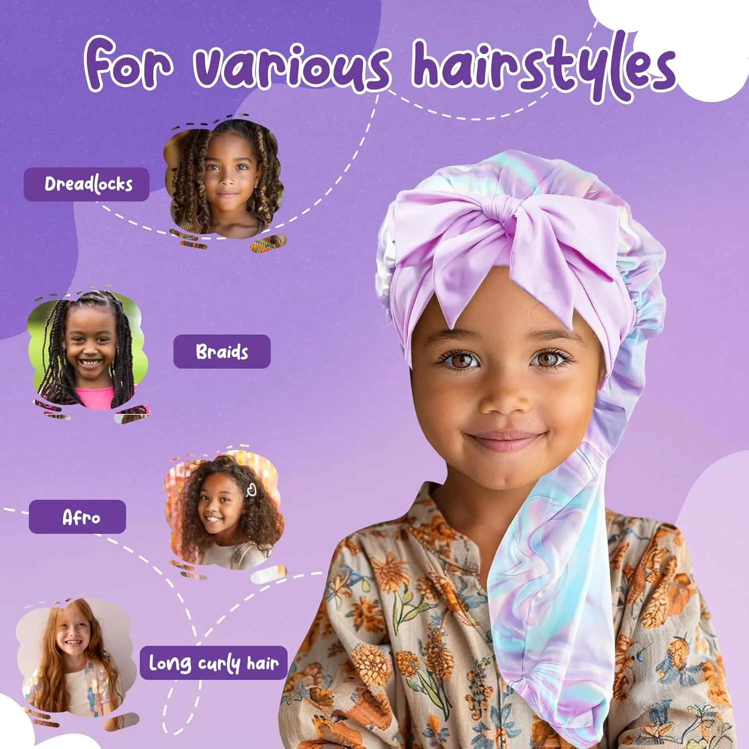 Lolalet Kids Bonnets for Girls, Long Silk Bonnet for Sleeping Kids Satin Bonnet Cap with Tie Band for Dreadlocks Braid Afro Curly Hair -2 PCS, Laser & Purple