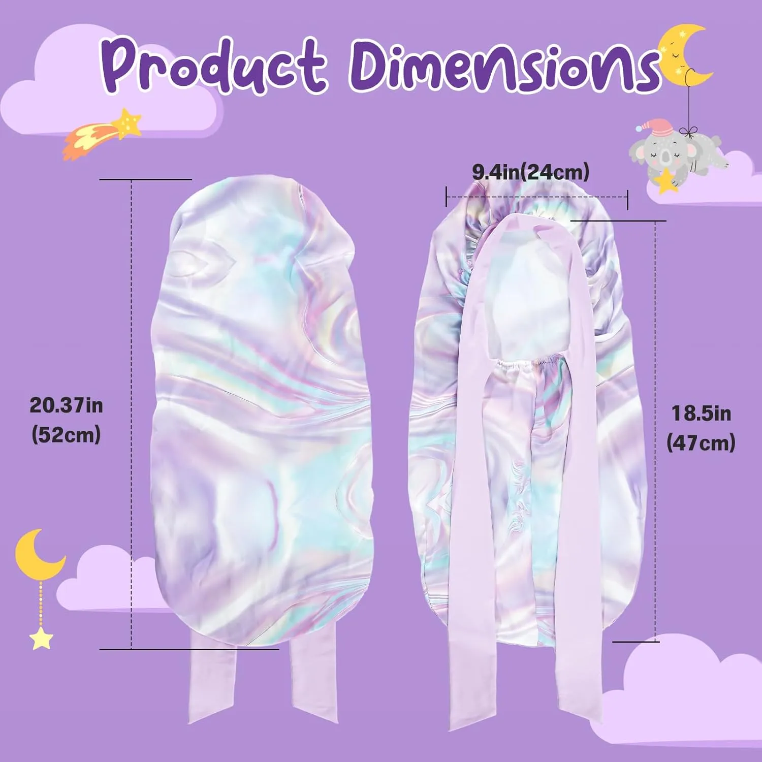 Lolalet Kids Bonnets for Girls, Long Silk Bonnet for Sleeping Kids Satin Bonnet Cap with Tie Band for Dreadlocks Braid Afro Curly Hair -2 PCS, Laser & Purple