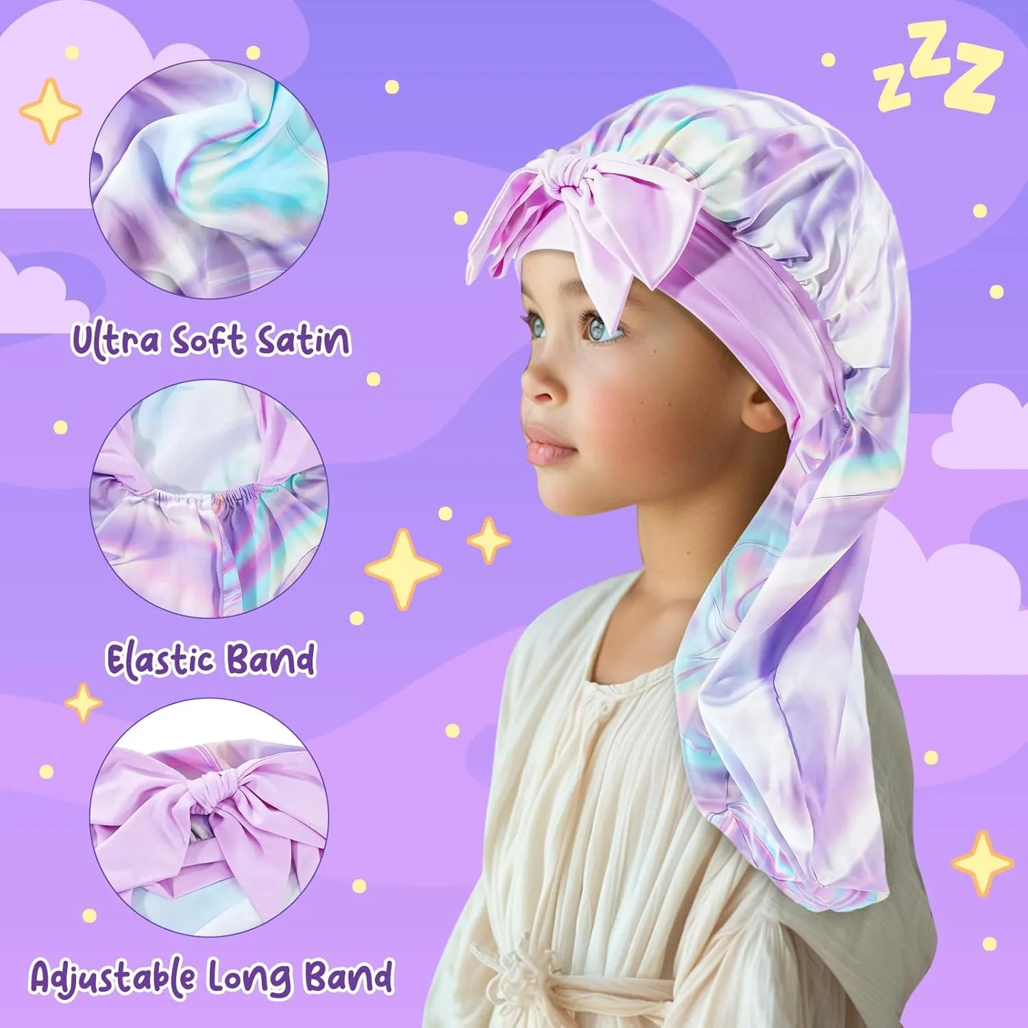 Lolalet Kids Bonnets for Girls, Long Silk Bonnet for Sleeping Kids Satin Bonnet Cap with Tie Band for Dreadlocks Braid Afro Curly Hair -2 PCS, Laser & Purple
