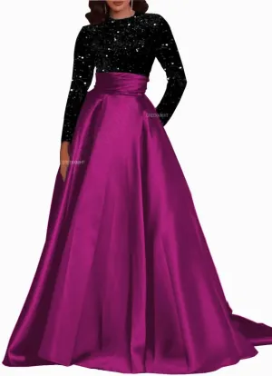 Long Sleeve Prom Dresses Sequin Satin Formal Gowns Round Neck Evening Dress A-Line Ball Gown with Pockets