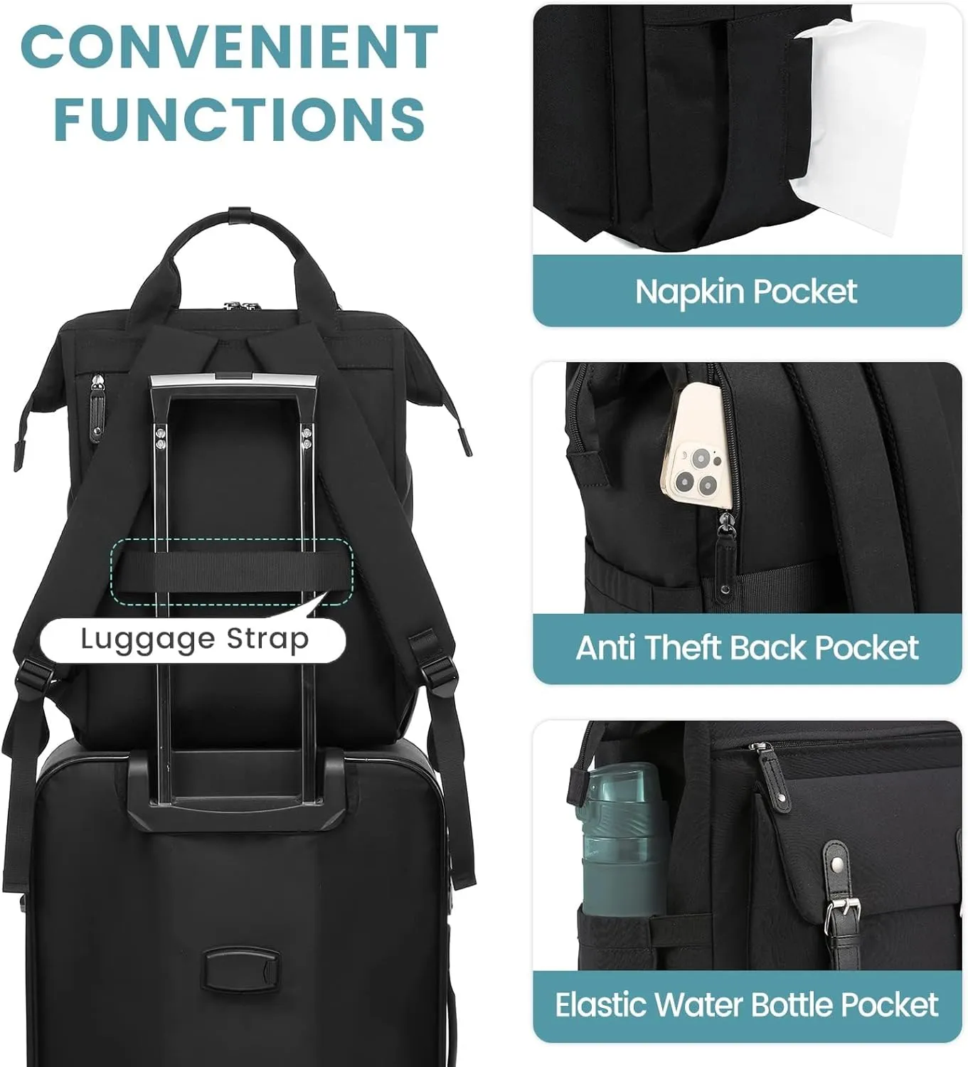 LOVEVOOK Laptop Backpack for Women, College School Backpack Student Bookbag, Teacher Work Bags Travel Backpack Purse, Business Computer Bag Commuter Nurse Bags, 15.6 Inch, Black