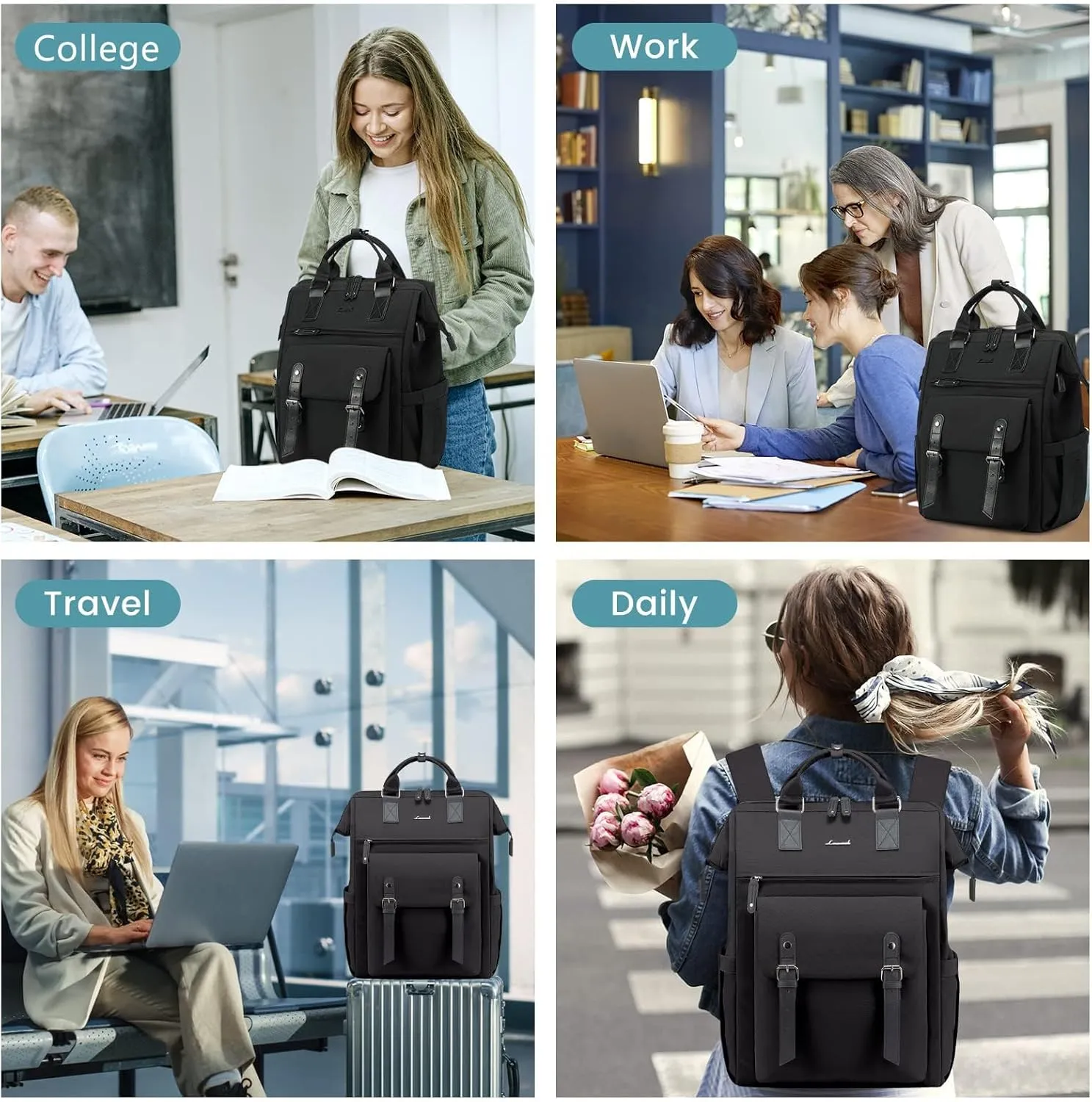 LOVEVOOK Laptop Backpack for Women, College School Backpack Student Bookbag, Teacher Work Bags Travel Backpack Purse, Business Computer Bag Commuter Nurse Bags, 15.6 Inch, Black