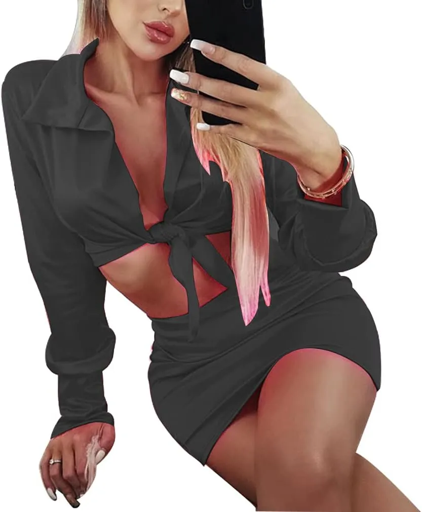 LuFeng Womens Satin Sexy Self Tie Front Long Sleeve 2 Piece Outfits Crop Top and Mini Bodycon Skirt Set