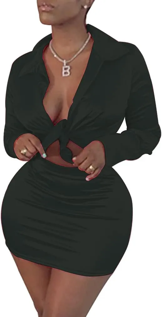 LuFeng Womens Satin Sexy Self Tie Front Long Sleeve 2 Piece Outfits Crop Top and Mini Bodycon Skirt Set