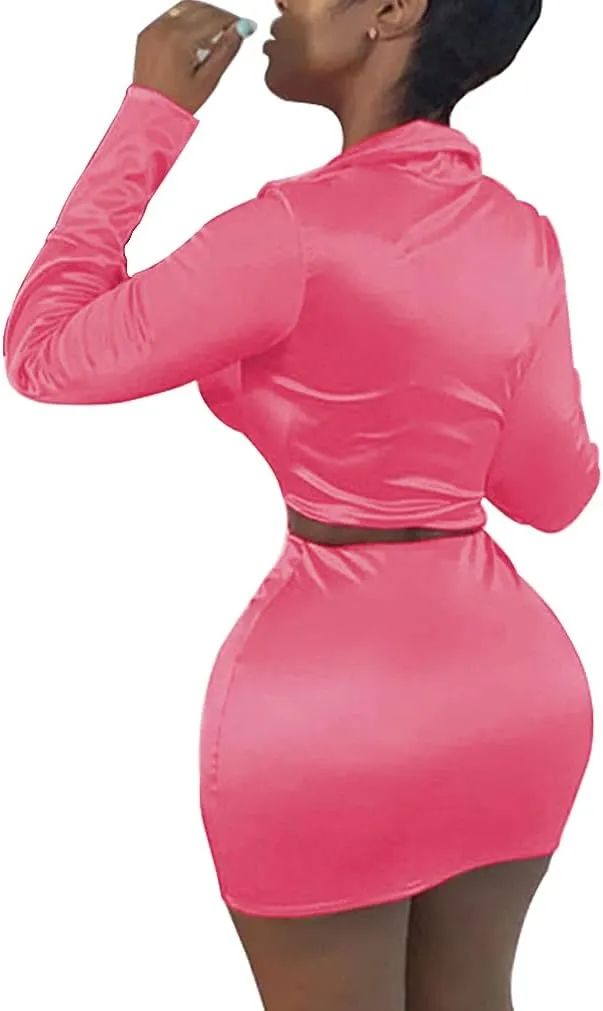 LuFeng Womens Satin Sexy Self Tie Front Long Sleeve 2 Piece Outfits Crop Top and Mini Bodycon Skirt Set