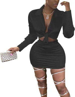 LuFeng Womens Satin Sexy Self Tie Front Long Sleeve 2 Piece Outfits Crop Top and Mini Bodycon Skirt Set
