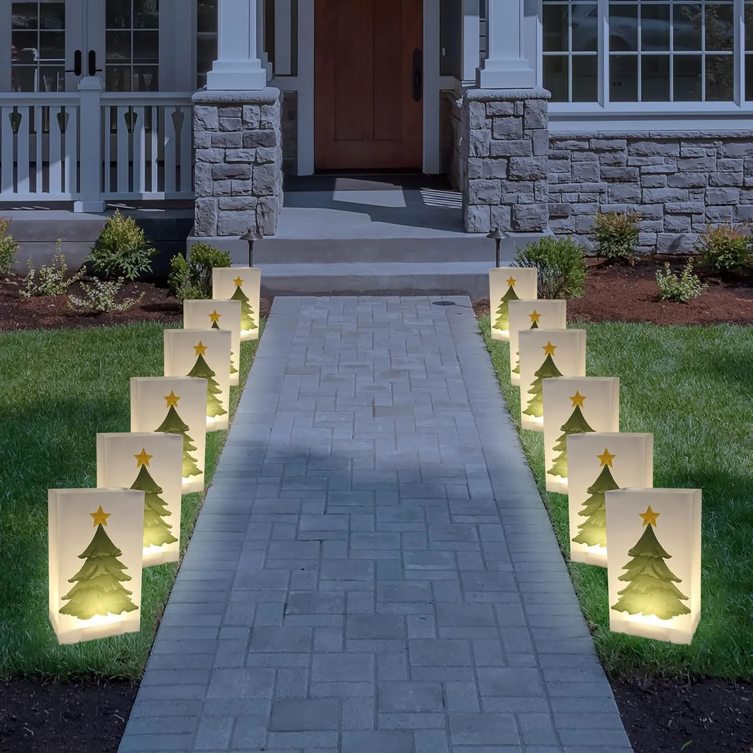 LumaBase Plastic Luminaria Bags, Holiday Tree - Set of 12