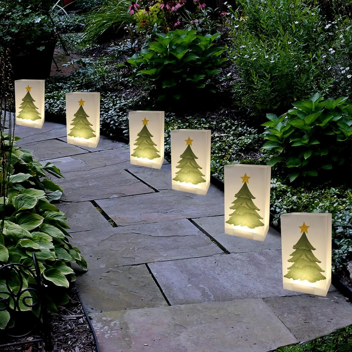 LumaBase Plastic Luminaria Bags, Holiday Tree - Set of 12