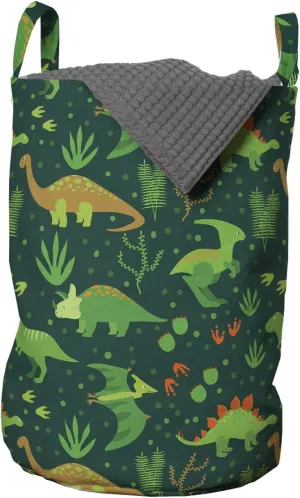 Lunarable Dinosaur Laundry Bag, Prehistoric Jungle Cartoon Pattern with Various Dino Characters Green Dots Leaves, Hamper Basket with Handles Drawstring Closure for Laundromats, 13" x 19", Multicolor