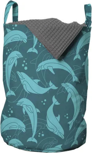 Lunarable Dolphin Laundry Bag, Cartoon Style Dolphins in Contrast Swimming in Deep Blue Water in Disorder, Hamper Basket with Handles Drawstring Closure for Laundromats, 13" x 19", Pale Blue Teal