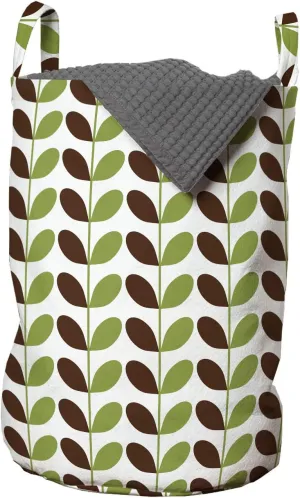 Lunarable Garden Laundry Bag, Bedding Plants Theme Elliptic Leaves on Twigs Vertical Botanical Ecology, Hamper Basket with Handles Drawstring Closure for Laundromats, 13" x 19", Green White Brown