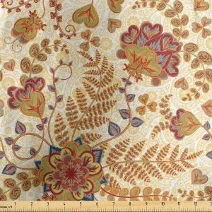 Lunarable Jacobean Fabric by The Yard, Classical Victorian Floral Arrangement Vintage Abstract Foliage with Hearts Love, Decorative Satin Fabric for Home Textiles and Crafts, 5 Yards, Burgundy Brown