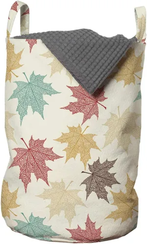 Lunarable Leaf Laundry Bag, Pattern Colored Maple Leaves Seasonal Nature Inspired Ecology Artwork Print, Hamper Basket with Handles Drawstring Closure for Laundromats, 13" x 19", Burgundy Teal Beige