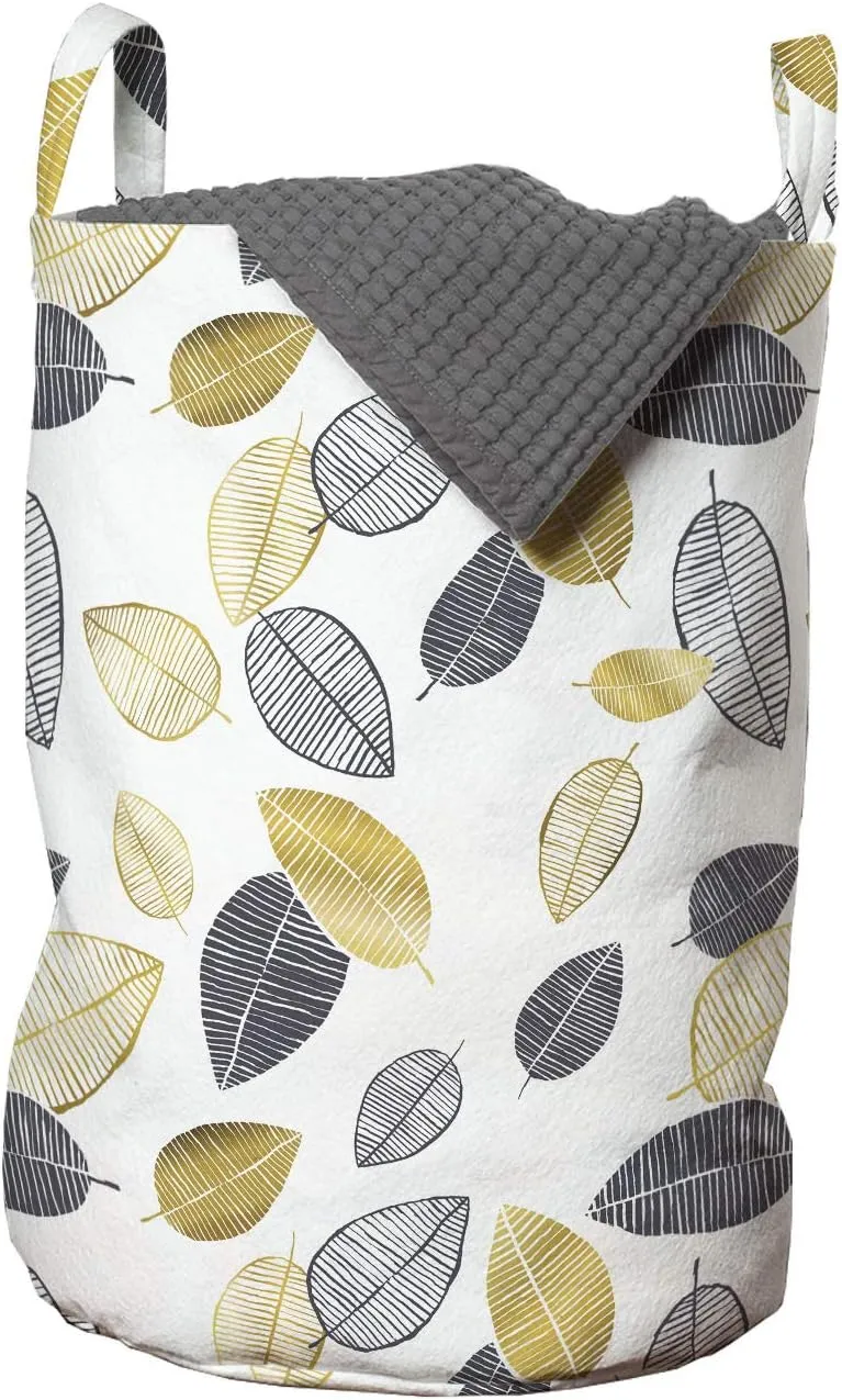 Lunarable Leaves Laundry Bag, Botanical Style Various Leafage Autumn Deciduous Trees Fall Theme, Hamper Basket with Handles Drawstring Closure for Laundromats, 13" x 19", Charcoal Grey Caramel