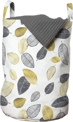 Lunarable Leaves Laundry Bag, Botanical Style Various Leafage Autumn Deciduous Trees Fall Theme, Hamper Basket with Handles Drawstring Closure for Laundromats, 13" x 19", Charcoal Grey Caramel