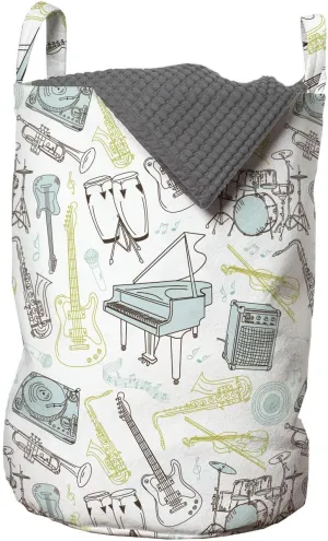 Lunarable Musical Laundry Bag, Hand Drawn Percussion Drums Electro Guitar and Grand Piano, Hamper Basket with Handles Drawstring Closure for Laundromats, 13" x 19", Dark Taupe Pale Green