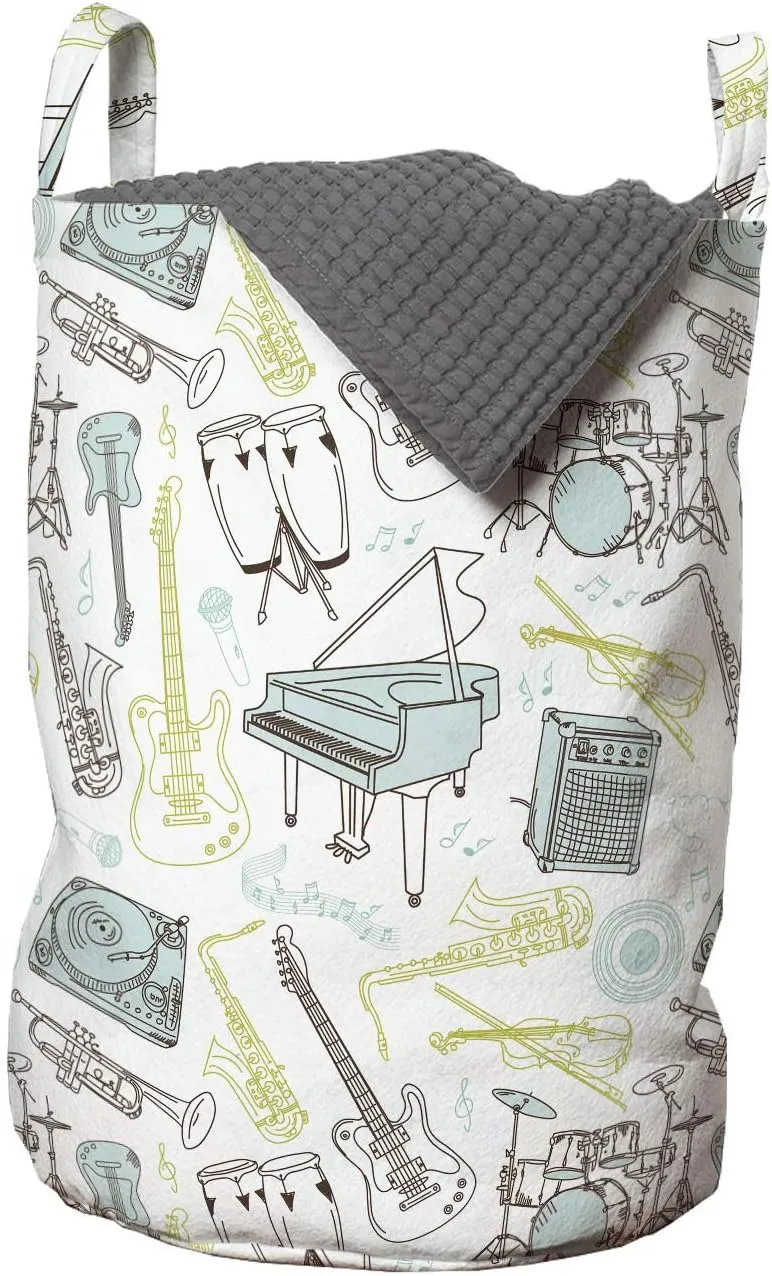 Lunarable Musical Laundry Bag, Hand Drawn Percussion Drums Electro Guitar and Grand Piano, Hamper Basket with Handles Drawstring Closure for Laundromats, 13" x 19", Dark Taupe Pale Green