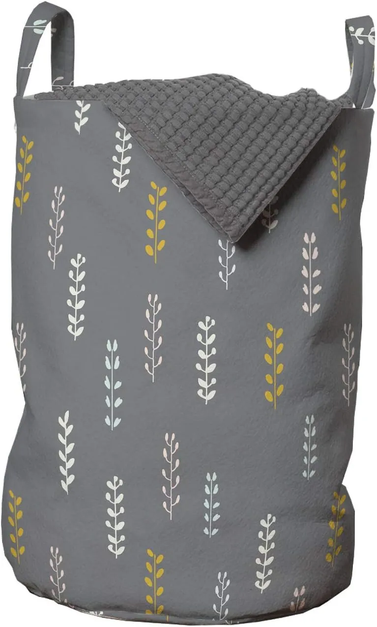 Lunarable Mustard Laundry Bag, Repetitive Autumn Resembling Branches Vertically Arranged Botanical Continuation, Hamper Basket with Handles Drawstring Closure for Laundromats, 13" x 19", Dimgray