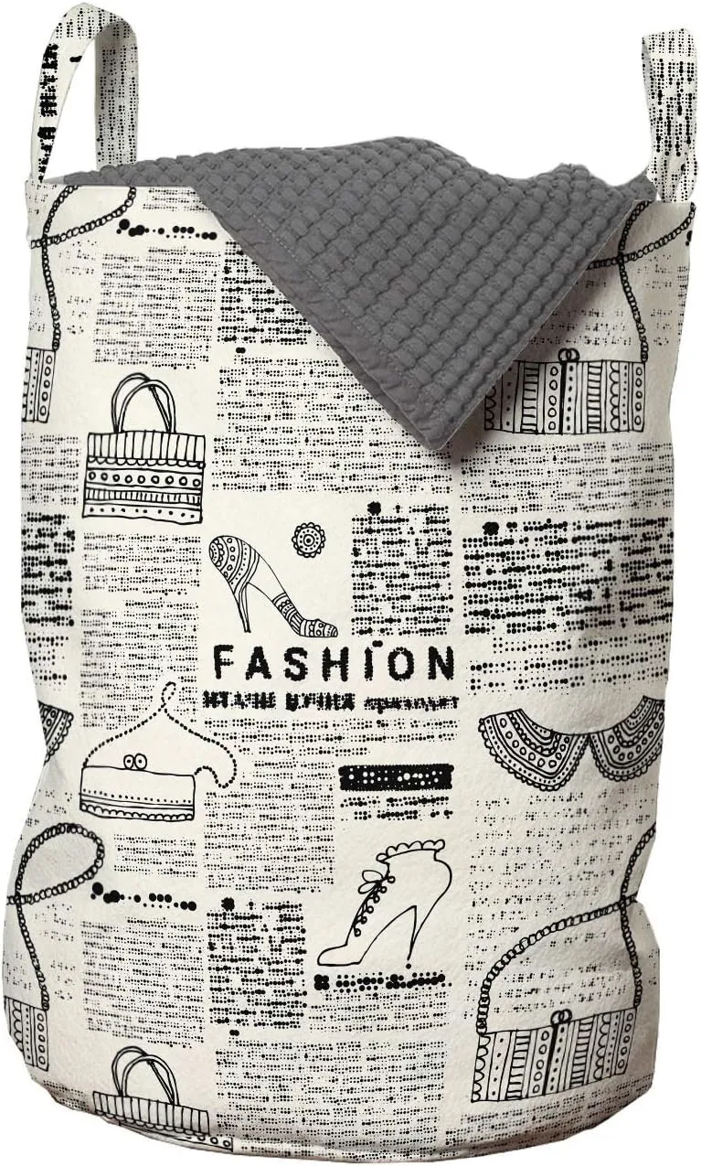 Lunarable Old Newspaper Laundry Bag, Vintage Fashion Themed Shoes Handbag Purses with Ornate Details Retro, Hamper Basket with Handles Drawstring Closure for Laundromats, 13" x 19", Black Cream