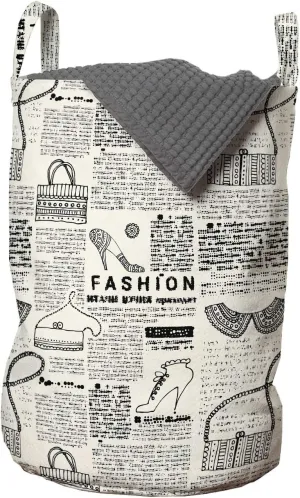 Lunarable Old Newspaper Laundry Bag, Vintage Fashion Themed Shoes Handbag Purses with Ornate Details Retro, Hamper Basket with Handles Drawstring Closure for Laundromats, 13" x 19", Black Cream