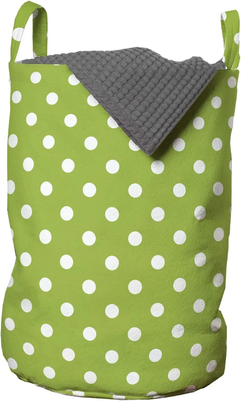 Lunarable Polka Dots Laundry Bag, Symmetrical Vintage Dotted Pop Arrangement Repetitive Pattern, Hamper Basket with Handles Drawstring Closure for Laundromats, 13" x 19", Lime Green and White