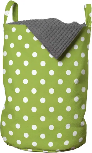 Lunarable Polka Dots Laundry Bag, Symmetrical Vintage Dotted Pop Arrangement Repetitive Pattern, Hamper Basket with Handles Drawstring Closure for Laundromats, 13" x 19", Lime Green and White