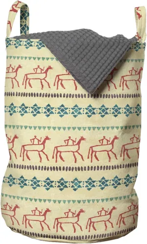 Lunarable Prehistoric Laundry Bag, Simplistic Cave Tribal Patterns Old Aged Neutral Borders Paint Style Print, Hamper Basket with Handles Drawstring Closure for Laundromats, 13" x 19", Multicolor