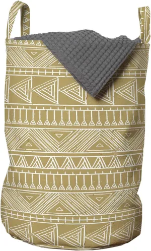 Lunarable Vintage Tribal Laundry Bag, Prehistoric Retro Aztec Triangles in Earthy Tones Illustration, Hamper Basket with Handles Drawstring Closure for Laundromats, 13" x 19", Dark Mustard and White