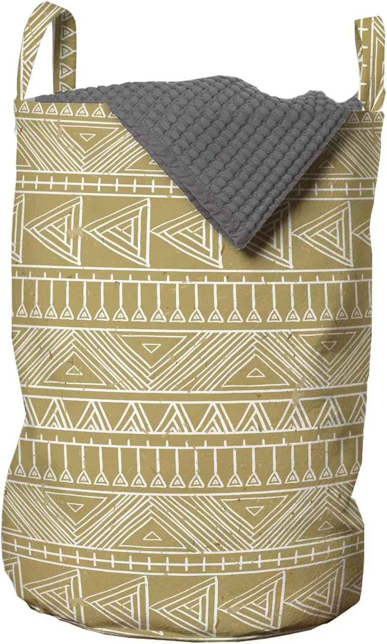 Lunarable Vintage Tribal Laundry Bag, Prehistoric Retro Aztec Triangles in Earthy Tones Illustration, Hamper Basket with Handles Drawstring Closure for Laundromats, 13" x 19", Dark Mustard and White