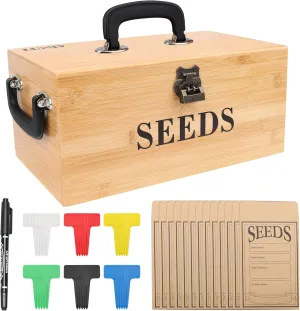 Luxiv Bamboo Seed Saving Box, Wood Seed Storage Organizer Box Large Seed Container with Lid Wood Garden Seed Bin with Lock, 3 Handle, 30P Envelope Seed Bags, 30P Plant Tags, 1 Double Side Pen