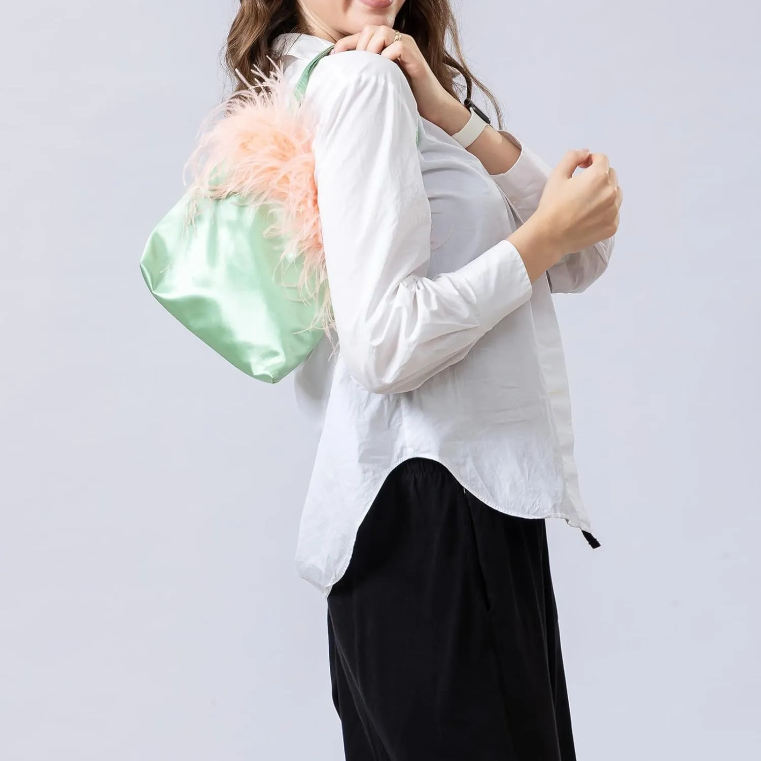 LVCOMEFF Women Ostrich Feather-trim Satin Evening Purse Silky Mini Handbag Cute for Party Peach Fuzz Elegant