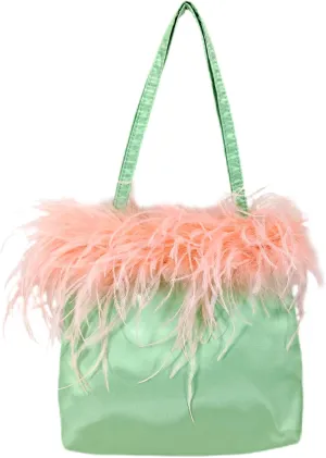 LVCOMEFF Women Ostrich Feather-trim Satin Evening Purse Silky Mini Handbag Cute for Party Peach Fuzz Elegant