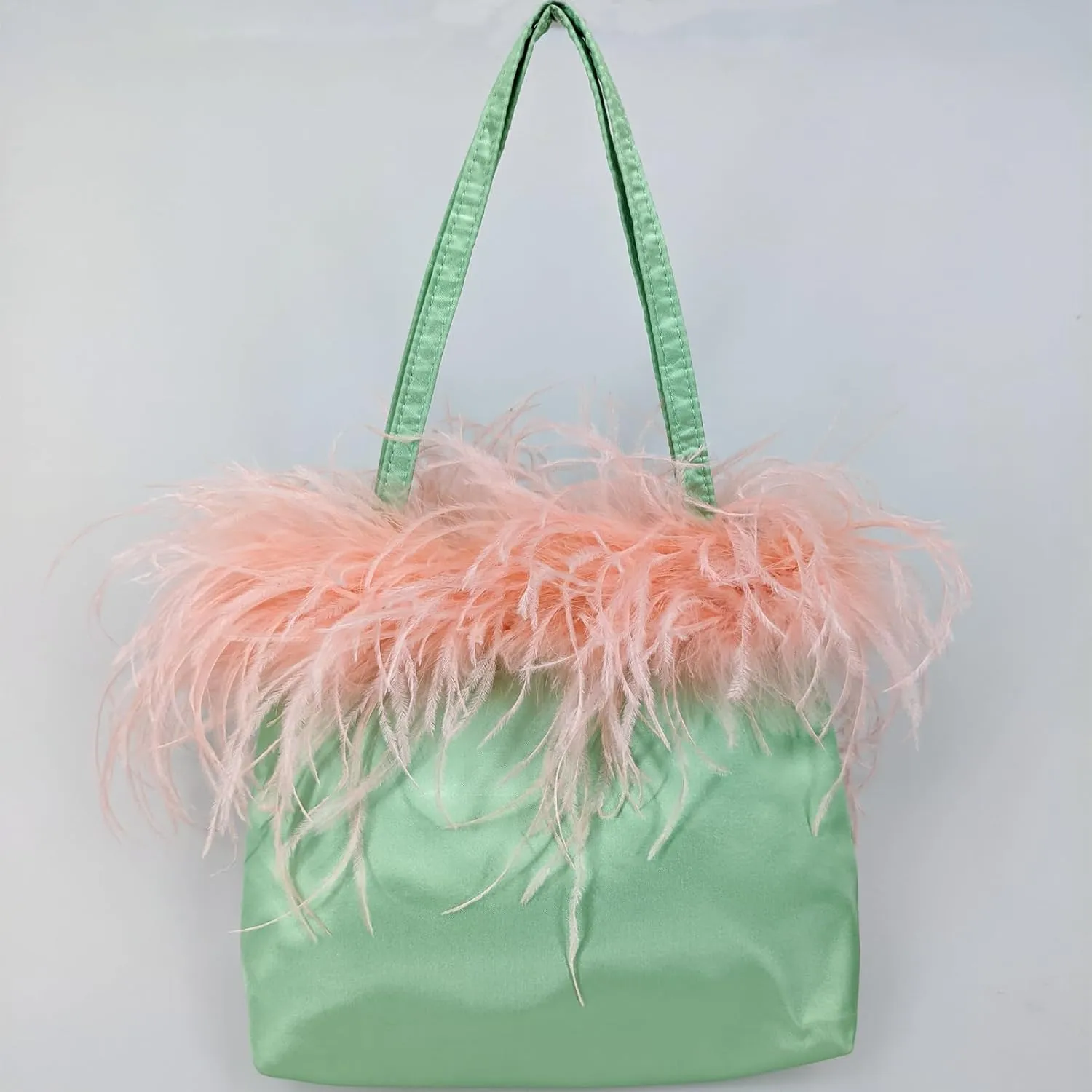 LVCOMEFF Women Ostrich Feather-trim Satin Evening Purse Silky Mini Handbag Cute for Party Peach Fuzz Elegant