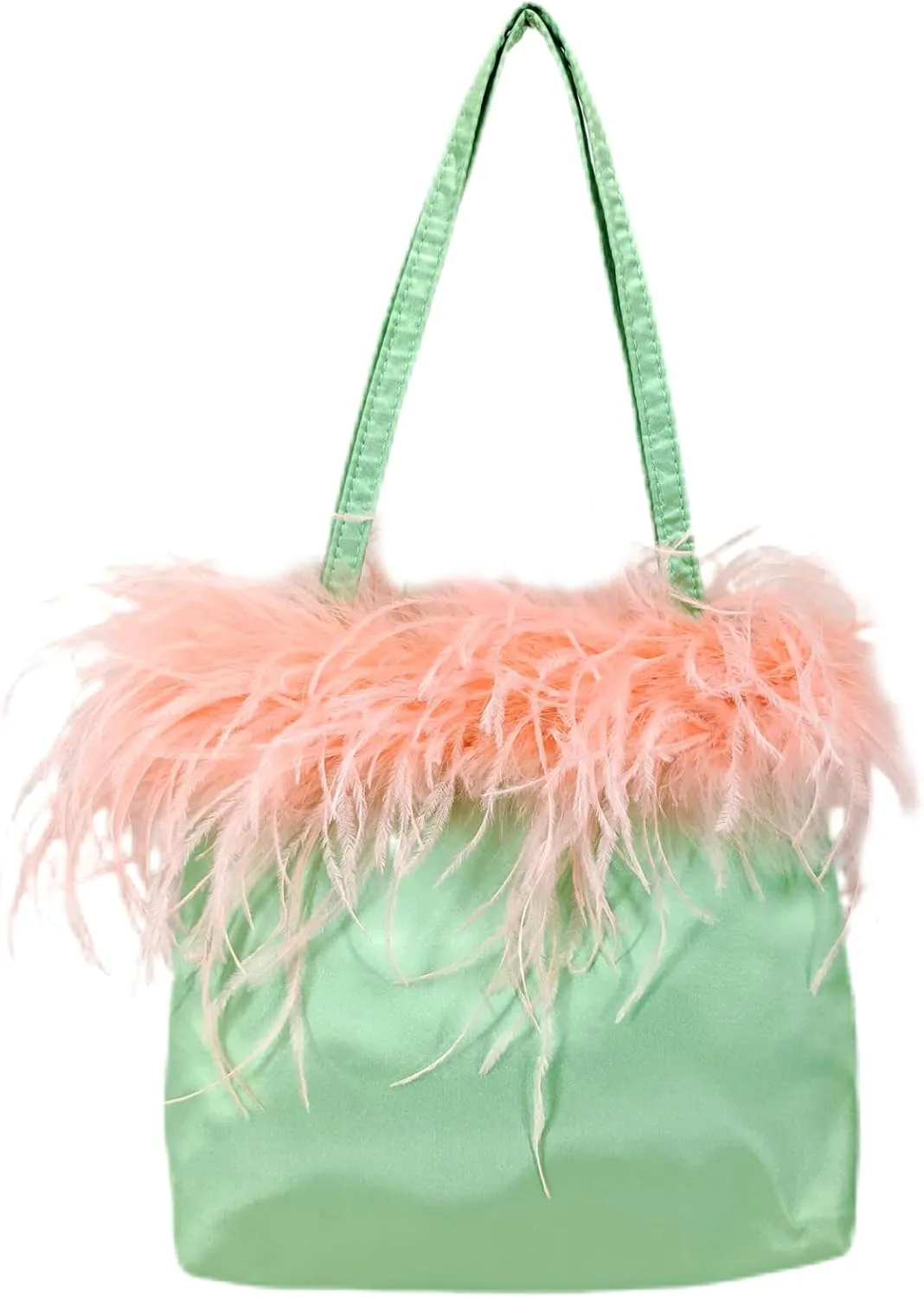 LVCOMEFF Women Ostrich Feather-trim Satin Evening Purse Silky Mini Handbag Cute for Party Peach Fuzz Elegant